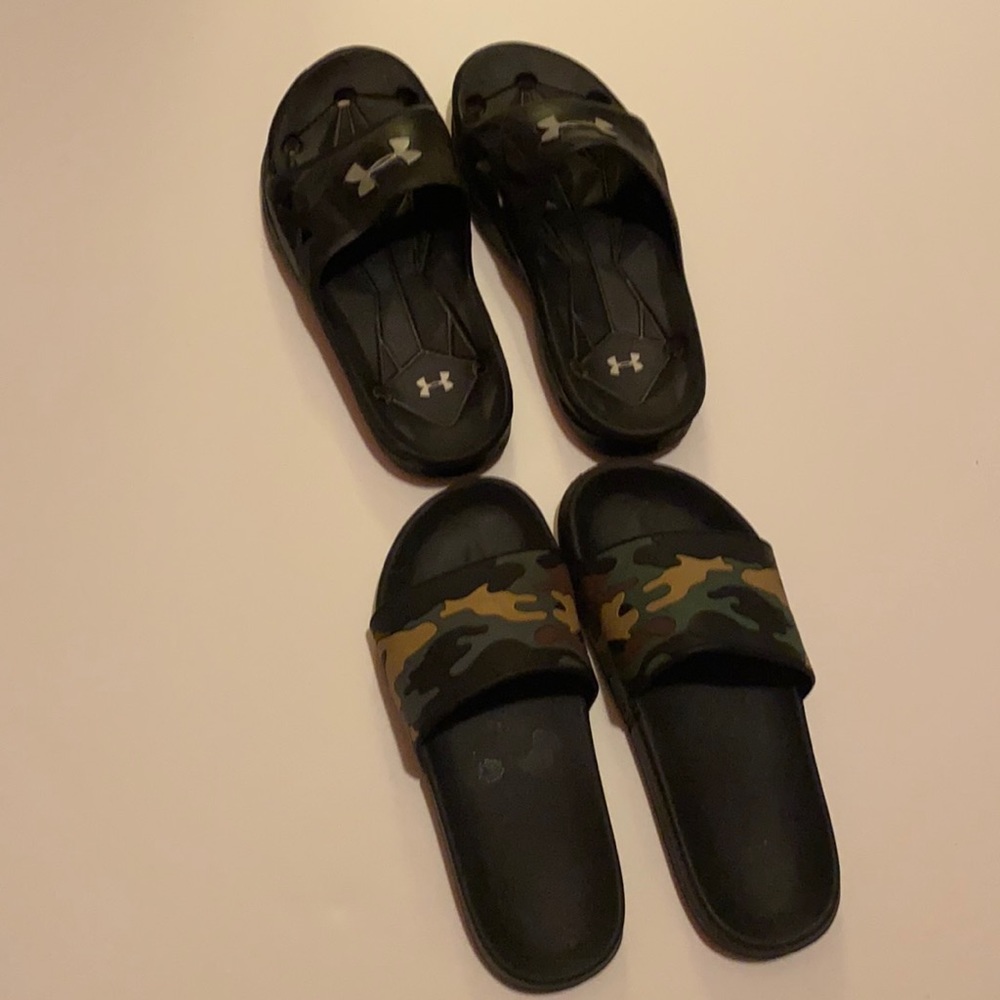 Like new Under Armour and camouflage sandals.